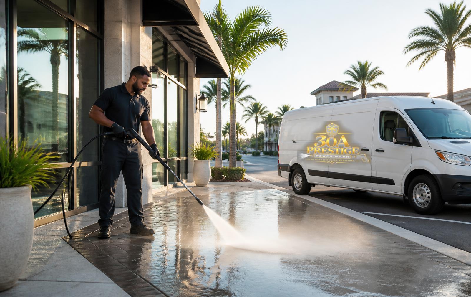 Technician cleaning a commercial storefront walkway with the 30A Prestige service van parked nearby