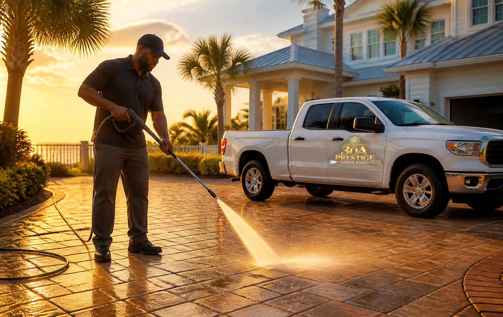 Technician washing a paver driveway at an upscale coastal residence