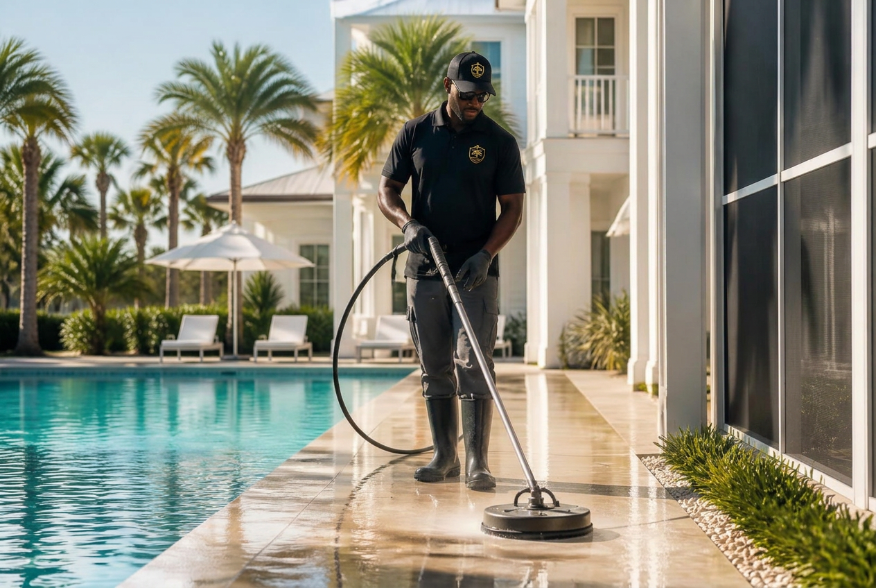 Technician surface-cleaning a pool deck at a luxury coastal residence